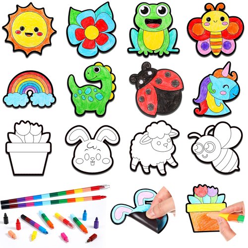 Blosssound 12 Pcs DIY Magnet Sticker Painting Craft Kit Magnetic Art Craft Bulk Toys Paint Your Own Craft Supplies Classroom Prize Birthday Goodie Gifts Bag for Boys Girls 6-10