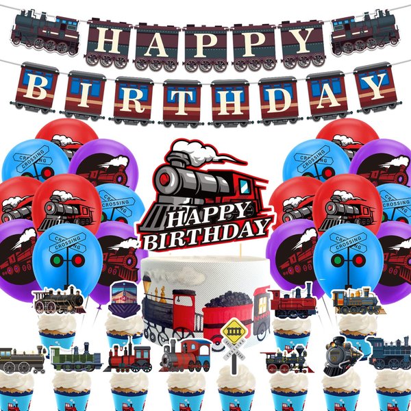Train Party Decorations Retro Train Birthday Party Supplies Includes Train Happy Birthday Banner, Cake Topper, Cupcake Toppers, Balloons for Train Party Vehicle Party Decorations