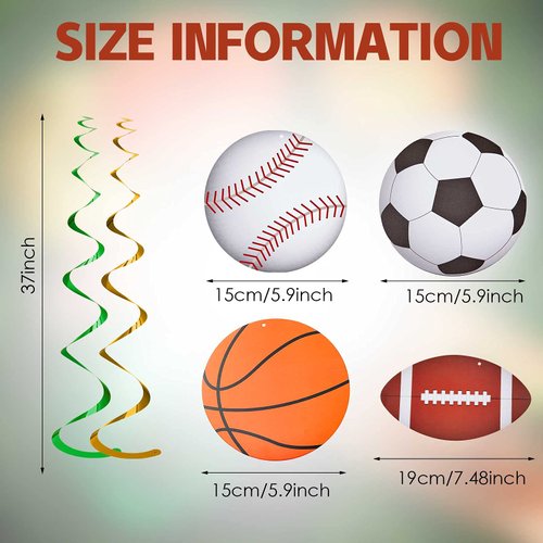 24 Pieces Sports Hanging Swirl Decorations Baseball Basketball Football Soccer Hanging Swirls Whirls Sport Theme Ceiling Streamers Colorful Swirls Streamers for Birthday Sport Party Supplies