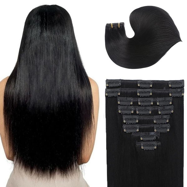 Clip in Hair Extensions Real Human Hair 100% Brazilian Virgin Human Hair 8pcs Per Set with 18Clips Double Weft Clip in Human Hair Extensions (20 Inch, #1 Jet Black Hair Extensions)