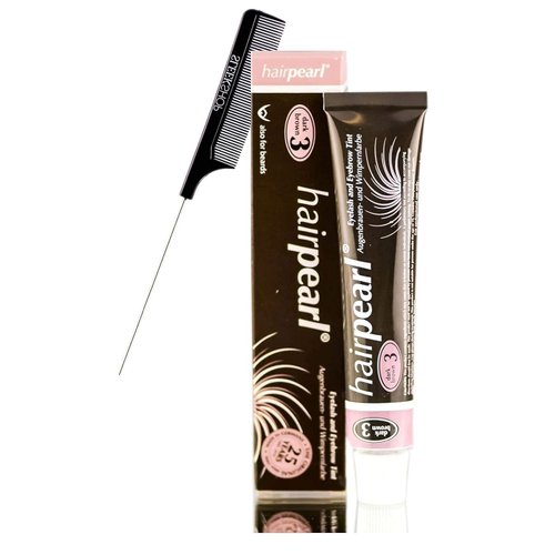 Hairpearl Original Hair Pearl TINT Color Dye for Iashes and broows (w/Sleek Steel Pin Rat Tail Comb) PPD-Free Haircolor Hair Tinting, Made in Germany (No 3 Dark Brown)