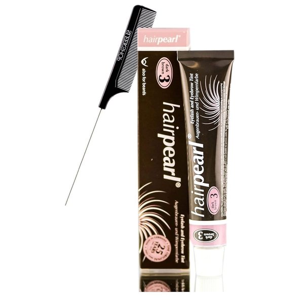 Hairpearl Original Hair Pearl TINT Color Dye for Iashes and broows (w/Sleek Steel Pin Rat Tail Comb) PPD-Free Haircolor Hair Tinting, Made in Germany (No 3 Dark Brown)