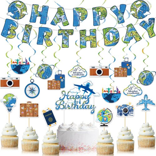 Zonon 38 Pieces Travel Theme Birthday Party Decorations The Place You'll Go Birthday Banner Let The Adventure Begin Hanging Swirls Bon Voyage Cake Toppers for Birthday Baby Shower Party Supplies