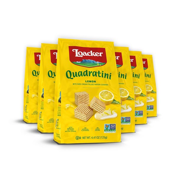Loacker Quadratini Lemon Wafer Cookies SMALL - Premium Crispy Bite Size Wafers - 30% Less Sugar - NON-GMO - SMALL Pack of 6
