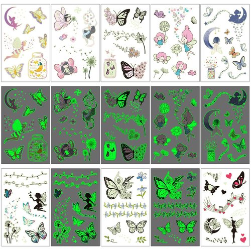 Yarlilyan 60+ Temporary Tattoos for Kids Girls, Glow in the Dark Luminous Children Birthday Party Supplies Favors Tattoo Stickers, 8 Pack Fairy Flower Designs on Body Hand Arm Face