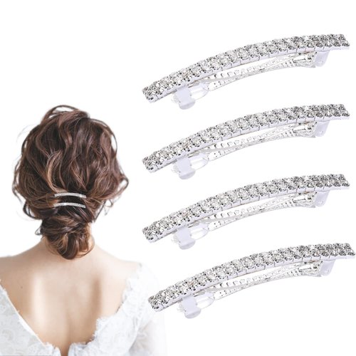 4 Pcs Sparkly Rhinestone Hair Barrettes with Bling for Women - Silver Wedding Hair Jewelry for Girls