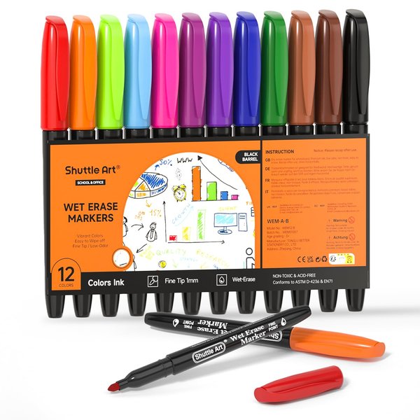 Shuttle Art Wet Erase Markers, 12 Colors 1mm Fine Tip Smudge-Free Markers, Use on Laminated Calendars,Overhead Projectors,Schedules,Whiteboards,Transparencies,Glass,Wipe with Water