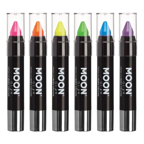 Moon Glow - Blacklight Neon Face Paint Stick / Body Crayon makeup for the Face & Body - Pastel set of 6 colours - Glows brightly under blacklights
