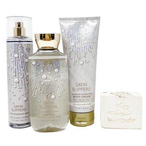 Bath & Body Works Satin Slippers - Trio Gift Set - Fine Fragrance Mist, Body Cream and Body Wash with a Natural Oats Soap.