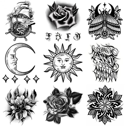 Oottati 9 Sheets Waterproof Hand Back Temporary Tattoo Stickers, Halloween Black Totem Sun Moon Moth Flower Ship Boat Rose
