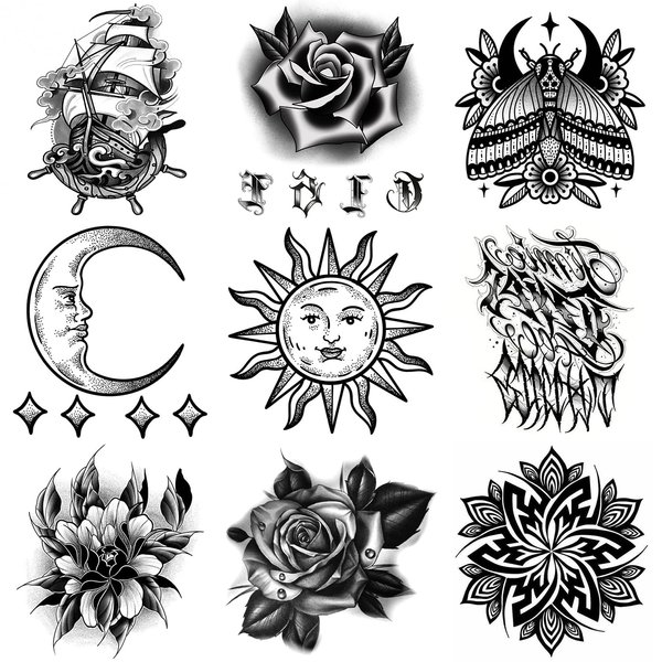 Oottati 9 Sheets Waterproof Hand Back Temporary Tattoo Stickers, Halloween Black Totem Sun Moon Moth Flower Ship Boat Rose