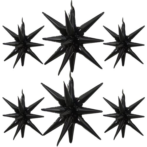 6 Pcs Silver Star Foil Balloons One-Piece 14-Pointed Star Balloons 4D Starburst Cone Mylar Balloons 22inch Christmas Birthday Wedding Wedding Anniversary Party Supplies (22&27 Inches Black)
