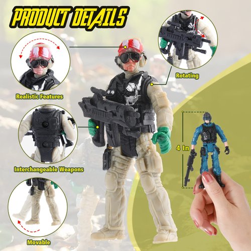 18 Pcs Special Forces Army Men Soldier Combat Movable Action Figures Army Guys Plastic Toy Soldiers Playsets Military Toy Men with Military Weapons and Accessories for Teens Party Decoration, 4 Inch