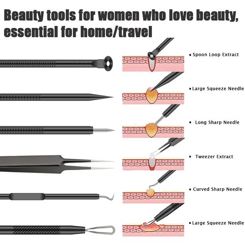 Pimple Popper Tool Kit, 6 Pcs Blackhead Remover Acne Needle Tools Set Removing Treatment Comedone Whitehead Popping Zit for Nose Face Skin Blemish Extractor Tool - Black