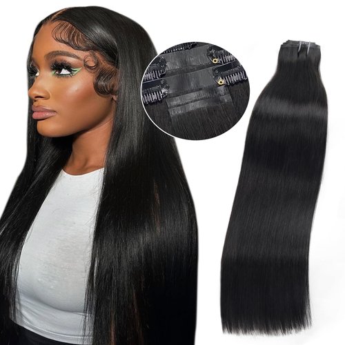 FBLhair 16 inch Seamless Clip in Hair Extensions Human Hair 110g 7pcs Invisible Clip in Hair Extensions Black Women PU Weft Real Human Hair Extensions Clip ins Hair Pieces 1B Natural Black Straight