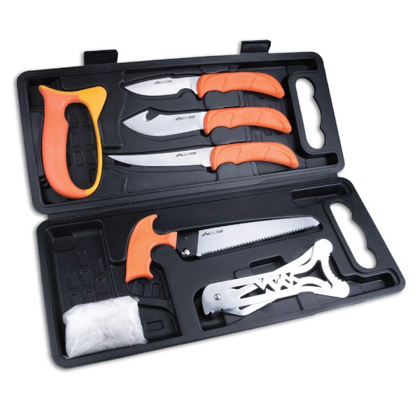 Outdoor Edge WildPak Hunting Field Dressing Kit, Complete 8-Piece Portable Butcher Game Processor Set, Full Tang 420J2 Stainless Knife Blades, TPR Blaze Orange Non-Slip Handles, Sturdy Hide-Side Case