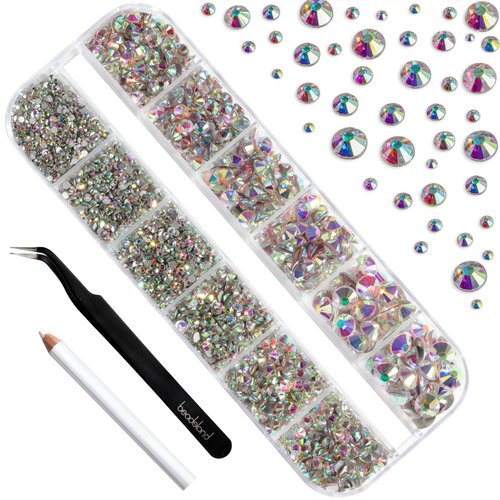 Beadsland Rhinestones for Makeup,8 Sizes 2500pcs Crystal AB Flatback Rhinestones Eye Gems for Nails Crafts with Tweezers and Wax Pencil,Crystal AB,SS4-SS30
