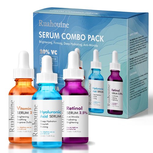 Ruahouine 3-Pack Facial Serum Age Defying, Vitamin C Serum, Retinol Serum and Hyaluronic Acid Serum For Anti Aging & Wrinkle - Boost Skin Collagen, Hydrate & Plump Skin, Firming & Hydrating For Face