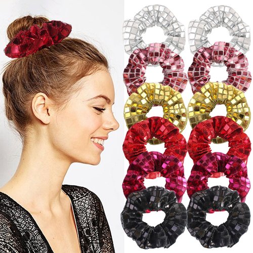 BAISEN 12Pcs Disco Sequin Hair Scrunchies for women, Metallic Silver Red Elastics Ponytail Holders, Retro Light Up Scrunchies for Girls, Disco Ball Favors Hair Accessories for Christmas Rave Party