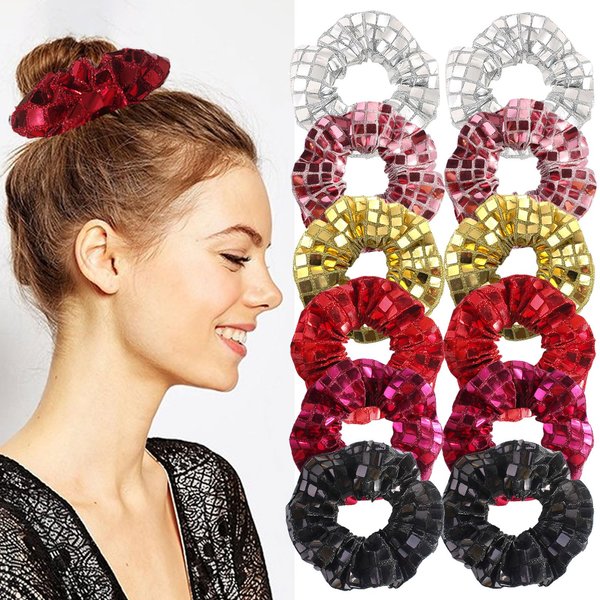 BAISEN 12Pcs Disco Sequin Hair Scrunchies for women, Metallic Silver Red Elastics Ponytail Holders, Retro Light Up Scrunchies for Girls, Disco Ball Favors Hair Accessories for Christmas Rave Party