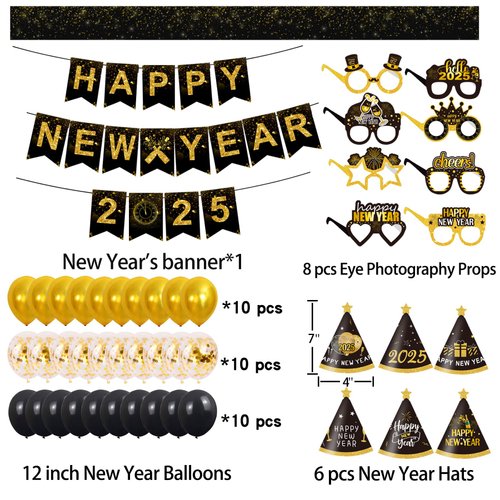 Happy New Year Party Supplies 2025 - Banner, Hats, Glasses, Fringe Curtains and Foil Balloon, , Swirls, Confetti, New Years Eve Black and Gold Party Decoration Decor Kit