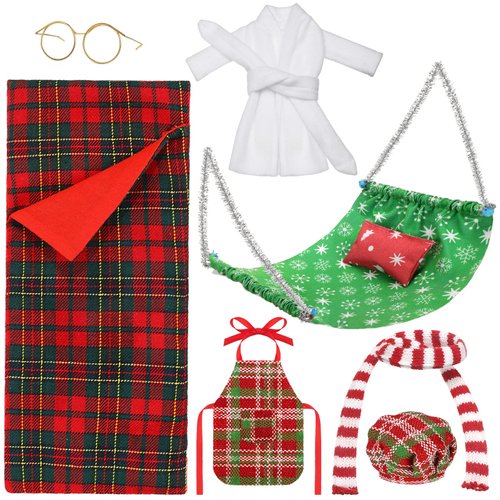 8 Pcs Christmas Elf Doll Accessories Set with Christmas Sleeping Bag, Bathrobe, Apron and Chef Hat, Scarf, Glasses, Christmas Elf Hammock Xmas Accessory for Doll Decorations(Snowflake)