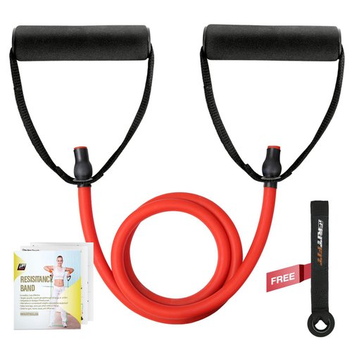 RitFit Single Resistance Exercise Band with Comfortable Handles - Ideal for Physical Therapy, Strength Training, Muscle Toning - Door Anchor and Starter Guide Included (Red(45-50lbs))