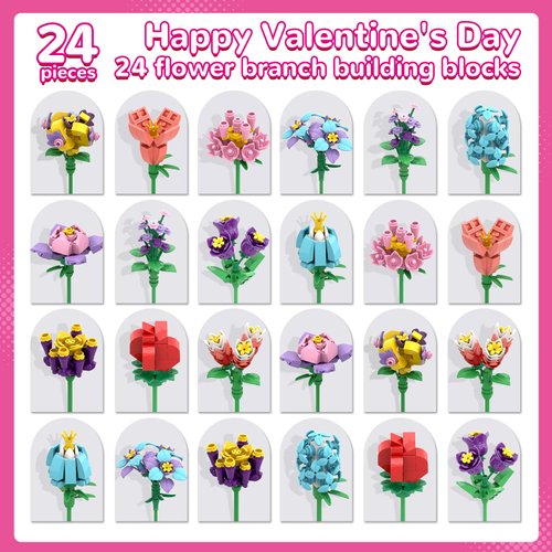 Uiseba Valentines Day Gifts for Kids Classroom/School,24PCS Building Blocks Flower Kits and Valentines Cards,Toys for 3+ Years Old Girls & Boys