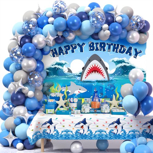 Winrayk 145Pcs Shark Birthday Party Decorations Supplies for Kids Boys, Shark Balloon Garland Arch Birthday Backdrop Tablecloth Star Balloons, Ocean Themed Party Decorations Shark Birthday Decorations