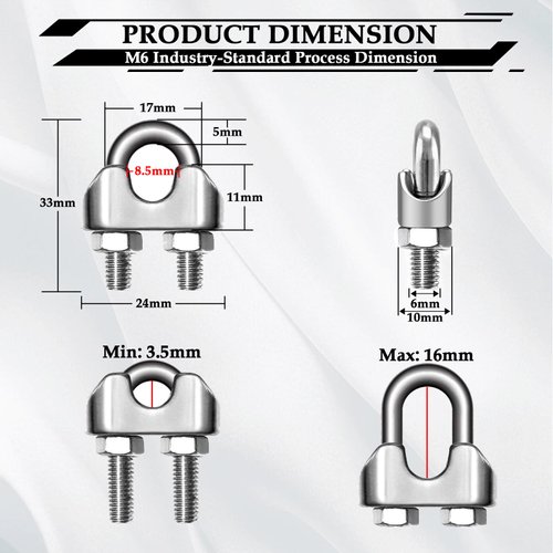 304 Stainless Steel Wire Rope Accessory Set M6 Cable Clamp Silver Thimble and Aluminum Crimping Loop for 1/4 Inch Wire Rope Cable Thimbles Rigging