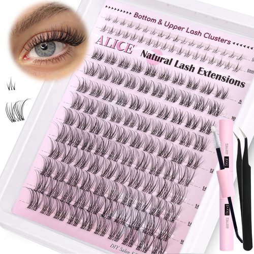 ALICE Lash Clusters Kit Clear Band Natural Lash Extensions Kit 5-16mm Wispy Cluster Eyelash Extension D Curl DIY Invisible Band Individual Cluster Lashes with Bottom Lash Bond and Seal Waterproof