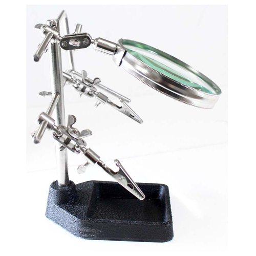 MAGNA-DESK | Helping Hand 2X Magnifier | Weighted Base | 3.5" Lens Diameter | Adjustable Handle | Secure Alligator Clamps | Ideal for Jewelers, Hobbyists, Circuit Work | Sturdy Metal Tray Base