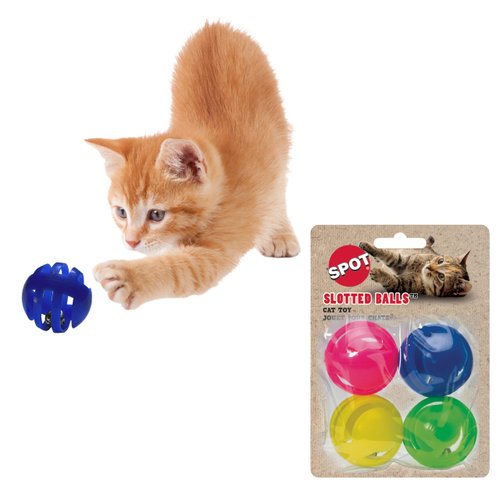 SPOT Slotted Balls Cat Toy - Interactive Cat Toys for Indoor Cats to Chase, Hunt and Stimulate - Jingle Bell Inside for Sound When Batted Around - Safe and Non-Toxic - 1.5" Assorted 4-Pack