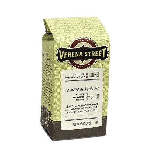 Verena Street 12 Ounce Whole Bean Coffee, Light Medium Roast, Lock & Dam 11, Rainforest Alliance Certified Arabica Coffee