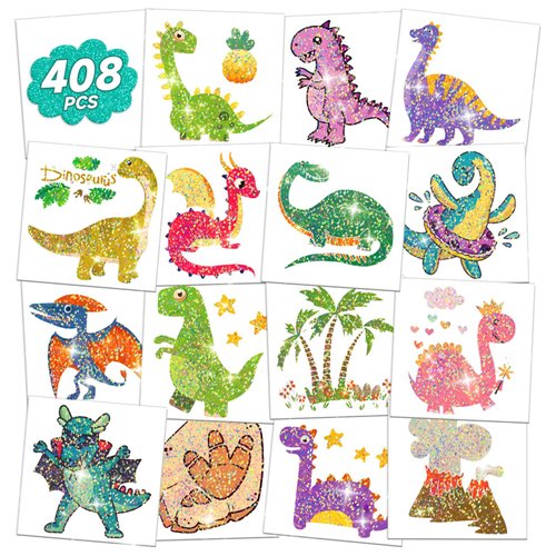 EMOME 408 Styles Glitter Temporary Tattoos for Kids Boys, Dinosaur Tattoos Stickers Boys Waterproof, Special for Dinosaur Theme Party Favors Supplies Decorations Children Birthday