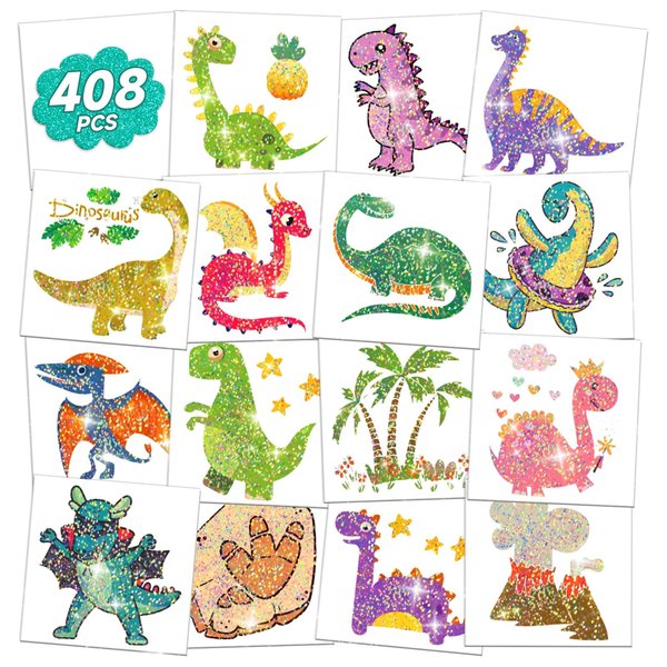 EMOME 408 Styles Glitter Temporary Tattoos for Kids Boys, Dinosaur Tattoos Stickers Boys Waterproof, Special for Dinosaur Theme Party Favors Supplies Decorations Children Birthday