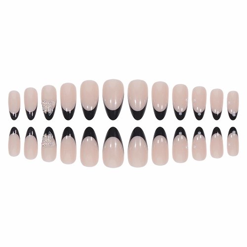 MERVF Almond Press on Nails Medium Fake Nails Black French Tip Stiletto Glue on Nails with 3D Bow Pearls Design Acrylic False Nails Press ons 24pcs Glossy