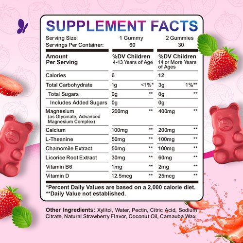 Magnesium Gummies for Kids - Magnesium Glycinate Gummies with L-Theanine, Chamomile, Licorice, Vitamin B6, D for Kids & Adults Sleep, Stress, Muscle Relief & Nerve Bone - Sugar Free Strawberry 60ct