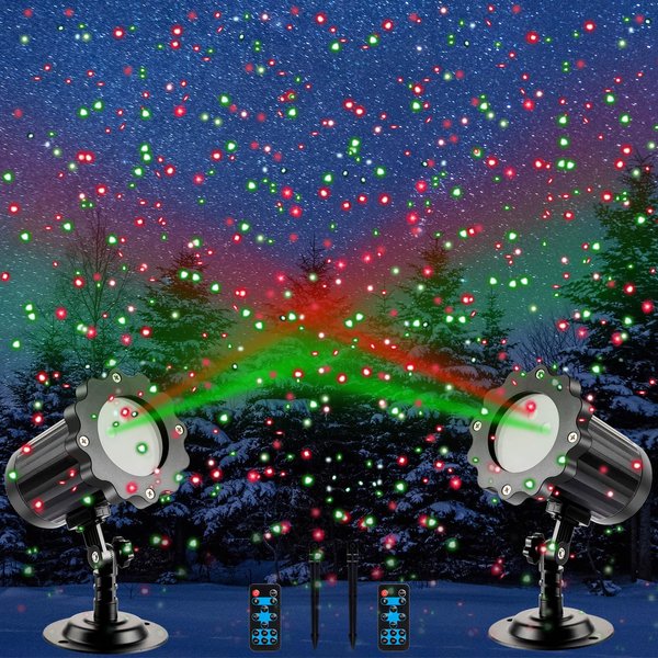 Treela 2 Pcs Christmas Projector Lights Xmas LED Projector RGB Motion Christmas Garden Projection Lights Waterproof Christmas Spotlight Outdoor for Xmas Party Decor (Red, Green,Starry)