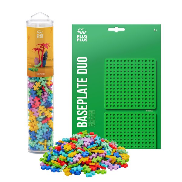 PLUS PLUS 240 Piece Interlocking Building Blocks for Kids, Open Ended Connecting Toys, STEM Bin Mini Manipulatives - Tropical Mix Play Tube & Baseplate
