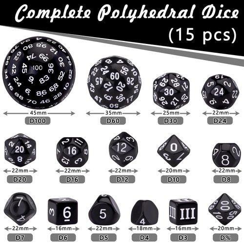 AUSTOR 15 Pieces Complete Polyhedral Dice Set D3-D100 Game Dice Set with a Leather Drawstring Storage Bag for Role Playing Table Games(Black & White)