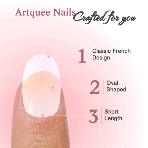 Artquee French Tip Press On Nails Short Clear Nude Oval Designs False Nail White Edge Glossy Reusable Stick on Nails Manicure for Women Fake Nails Art in 12 Sizes - 24pcs Nail Kit