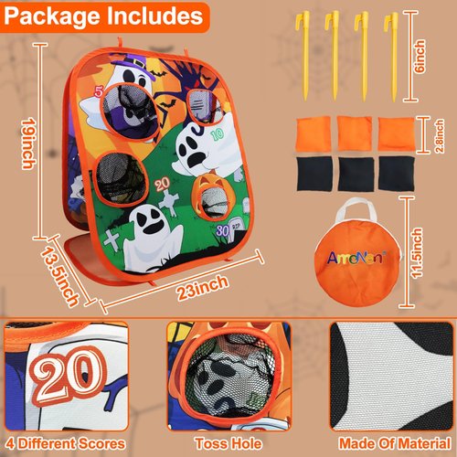 Halloween Party Games for Kids Adults Halloween Bean Bag Toss Game Ghost Double-Sided Board Cornhole 4 Score Holes Halloween Decorations Party Favors Yard Outdoor Indoor Toys Spooky Game (6 Bean Bags)