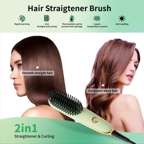 Doortian Mini Hair Straightening Iron with Built-in Comb for Travel, Portable Hair Straightener Brush, Ionic Hot Comb Straightener for Women (Green)