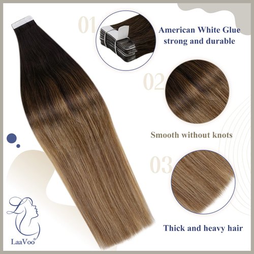 LaaVoo Invisible Tape in Hair Extensions Human Hair Ombre Dark Brown to Medium Brown Mix Golden Brown Remy Human Hair Tape in Extensions Thick End for Long Hair 22 Inch 50g 20pcs