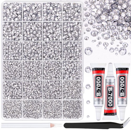 25000Pcs Resin Rhinestones with Tweezers for Crafting, Clear Flatback Gems, Bedazzling Crystal with 3Pcs 10ml B7000 Jewelry Glue for DIY Crafts Clothing Tumblers Shoes Fabric Nail Art