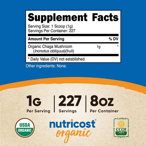 Nutricost 100% Organic Chaga Mushroom Powder 8oz (227 Servings) - Certified USDA Organic, Gluten Free & Non-GMO