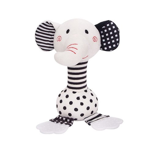 D-KINGCHY Baby Toys 0-12 Months, Black and White Newborn Toys, Soft Plush Rattle Stuffed Animal Toy with Teether and Sound, Developmental Hand Grip Toys (Elephant)