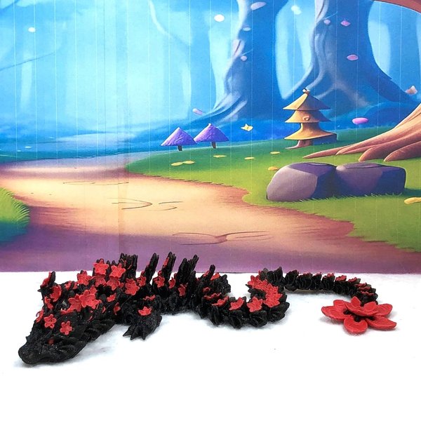 3D Printed Black Cherry Blossom Dragon, Articulated 12" Black Dragon, Fidget ADHD Autism Toy, Executive Home Desk Toy BLK-DR (Black and Red)