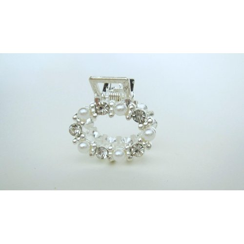 Generic Small oval circle pearl crystal silver metal hair claw clip bridal clip